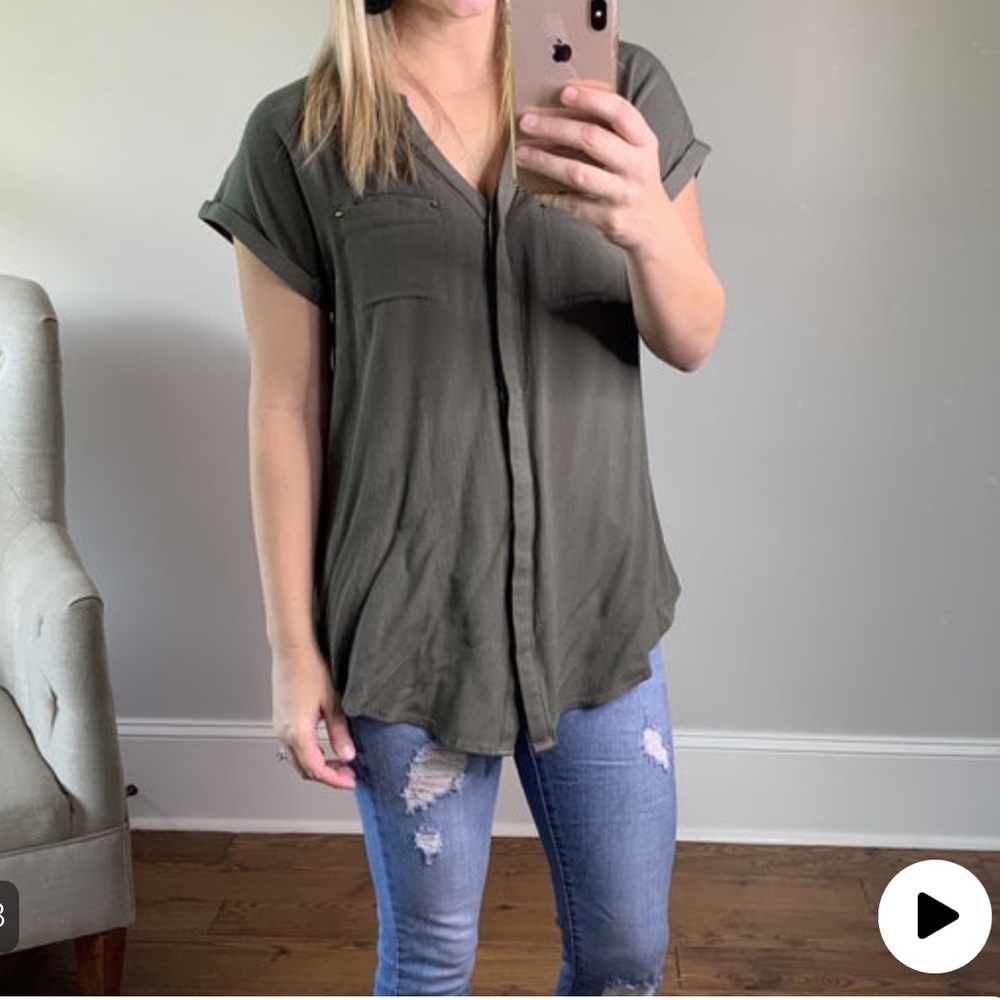 Olive green button up hidden button top